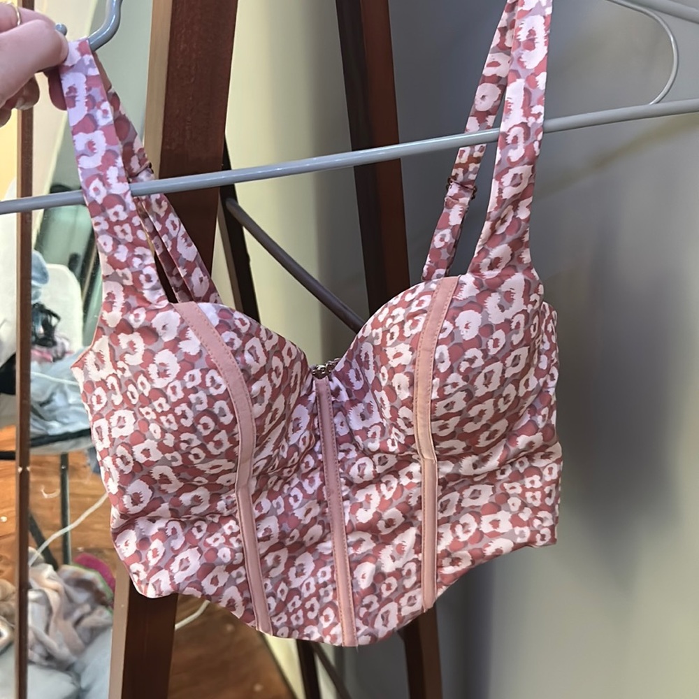 In an uproar leopard print satin corset crop top in blush